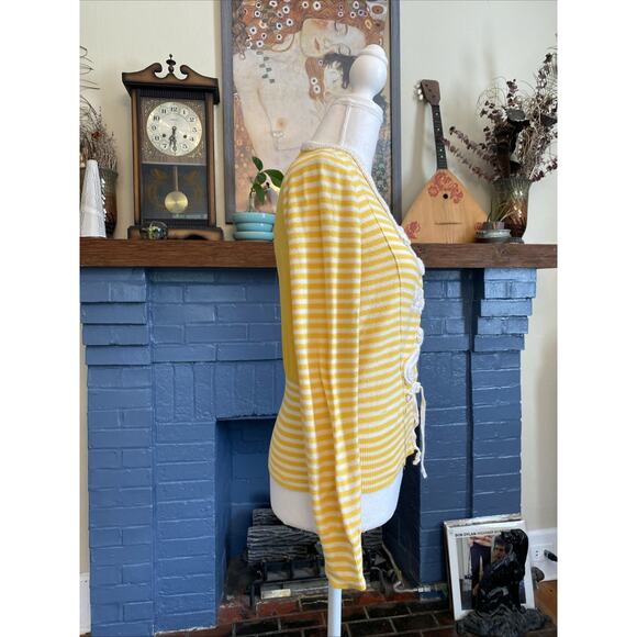 Anthropologie Sparrow M Yellow Striped Sweater Crochet Button Cardigan Y2K - Picture 5 of 14